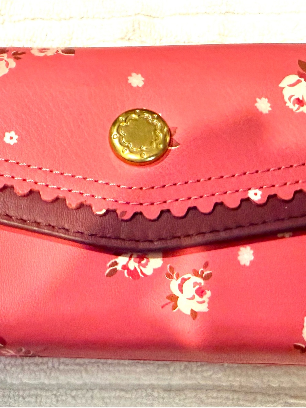 Cath Kidston Leather Pink Floral Scalloped Snap Wallet with Gold Button